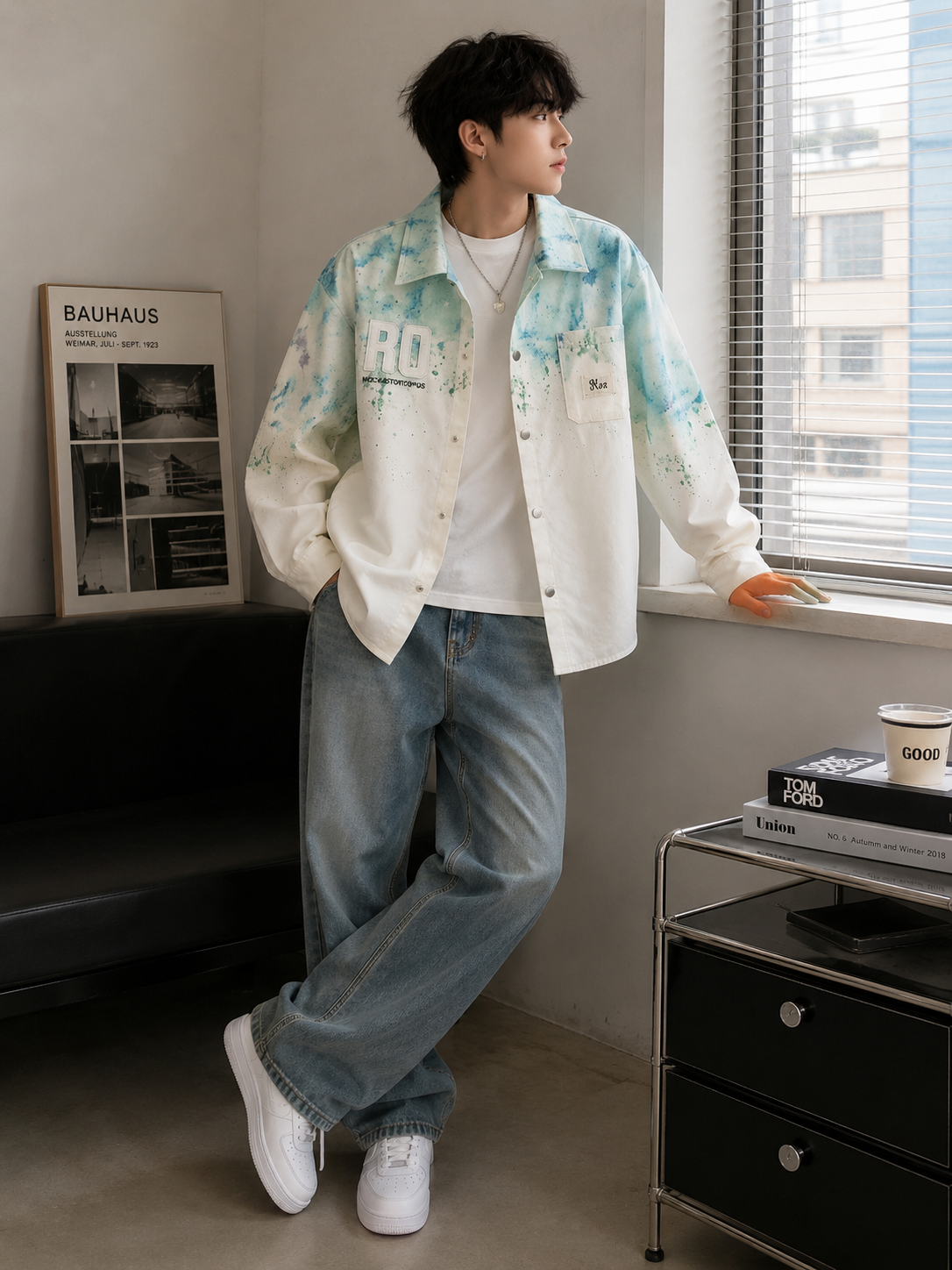Color-changing loose-fit denim shirt-jacket