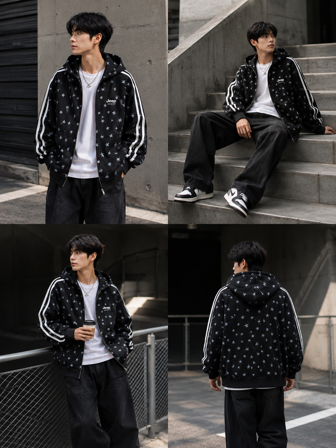 Loose, casual hooded zip-up jacket