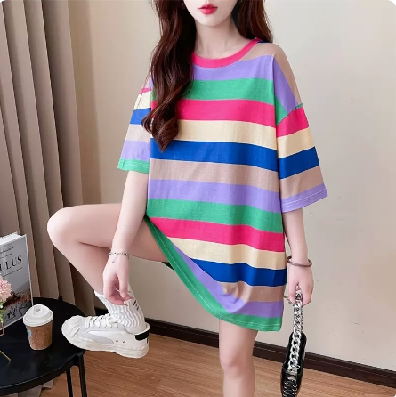 2025夏季新款韩版字母印花短袖t恤女大码女装宽松显瘦中长款上衣
