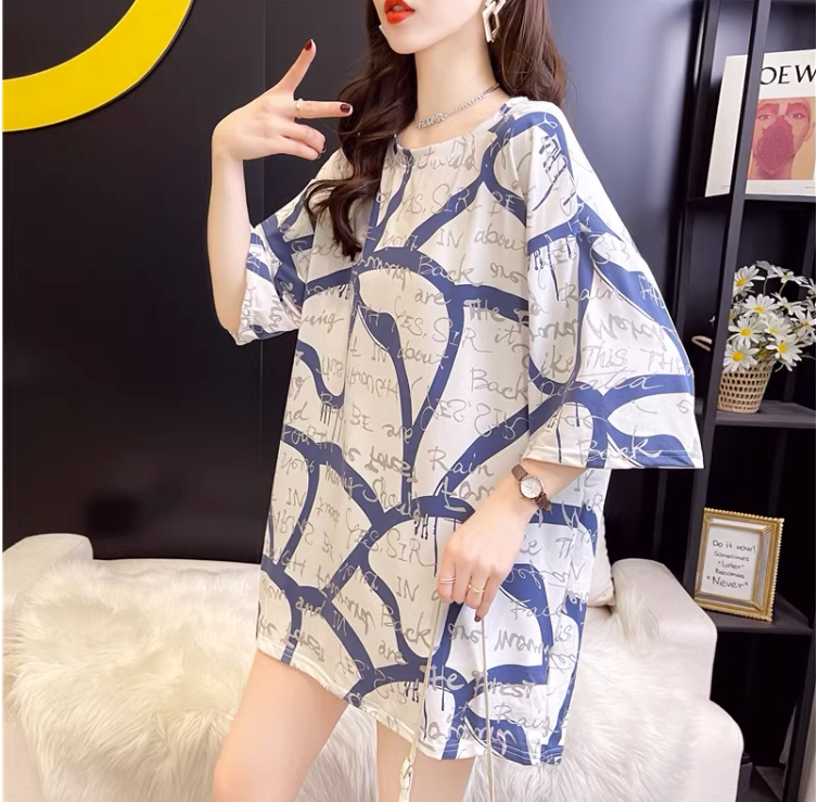 2025夏季新款韩版字母印花短袖t恤女大码女装宽松显瘦中长款上衣