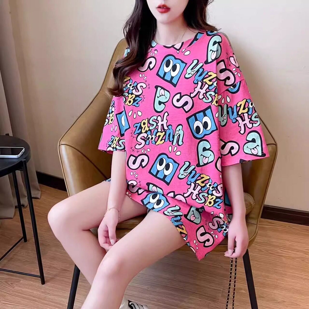 2025夏季新款韩版字母印花短袖t恤女大码女装宽松显瘦中长款上衣