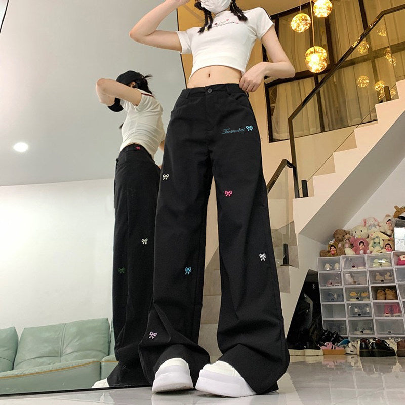 新款美式牛仔裤女ins潮流百搭高腰显瘦宽松遮肉直筒阔腿休闲长裤